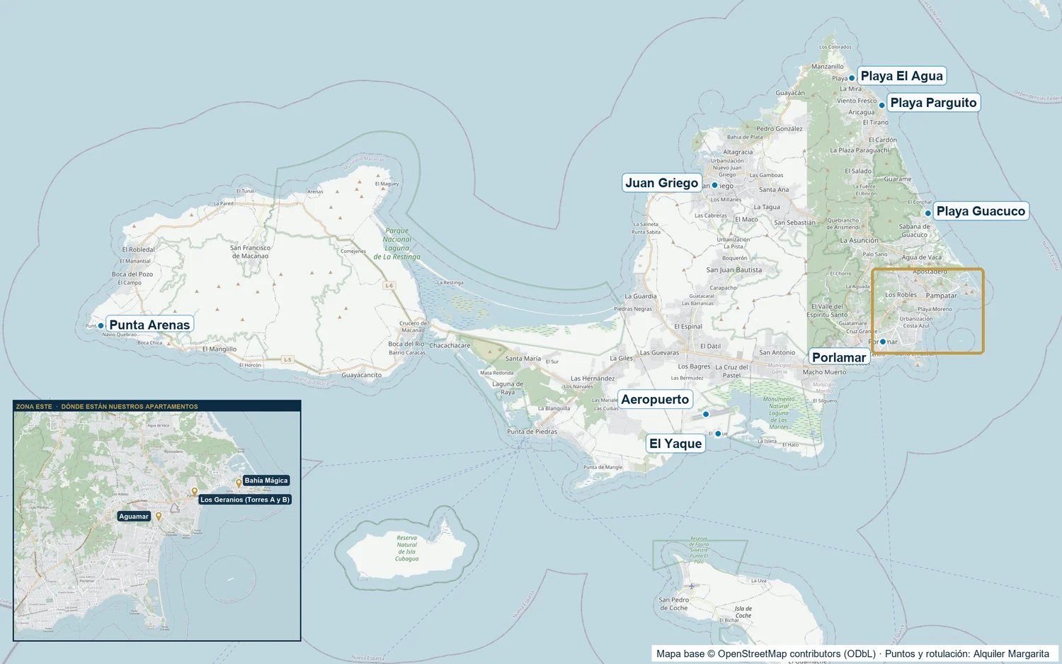 Mapa de la Isla de Margarita con Coche y Cubagua, las zonas principales y la ubicación de nuestros apartamentos